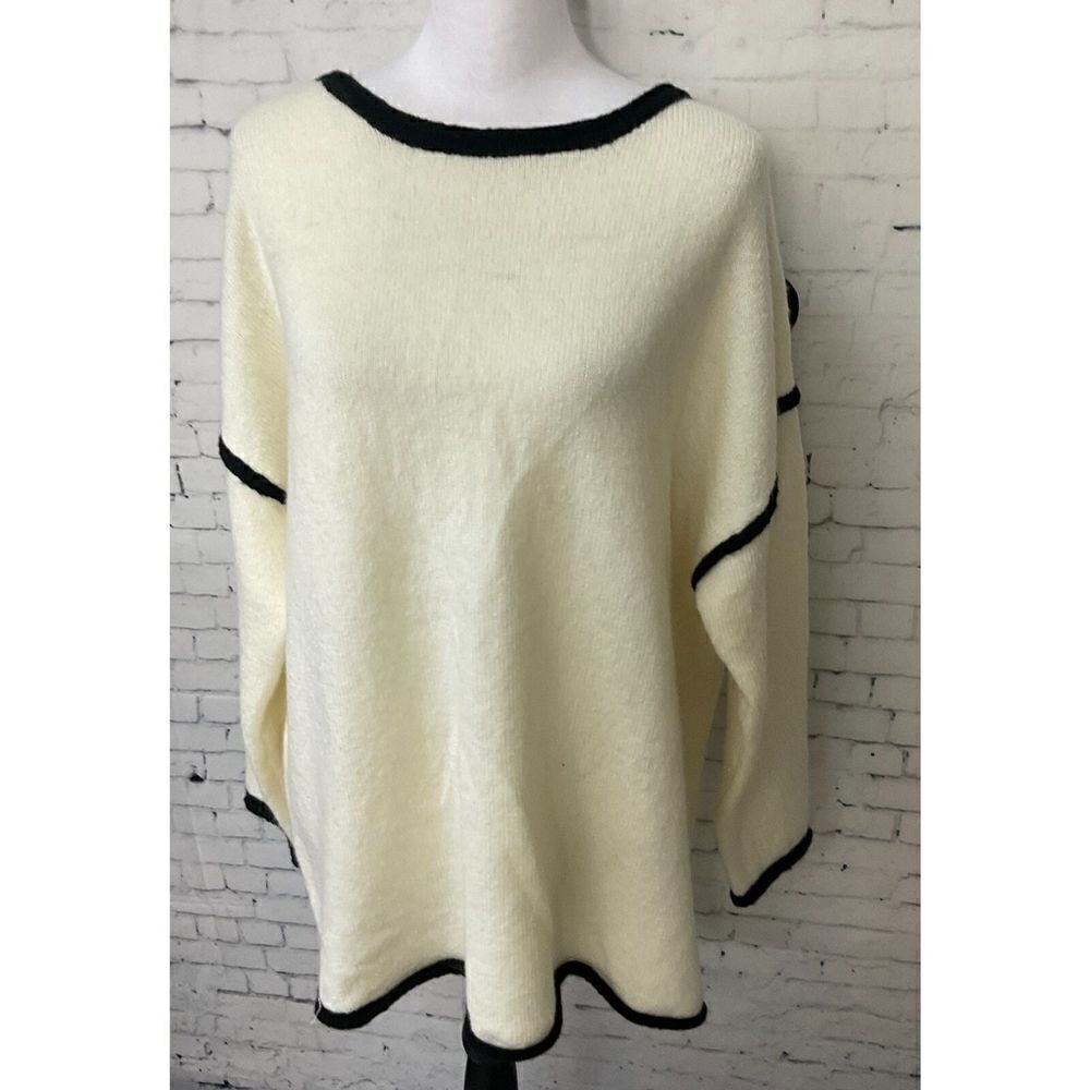 Vine And Love Women L Cream Sweater Black Trim Oversized Comfort Long Sleeve N2